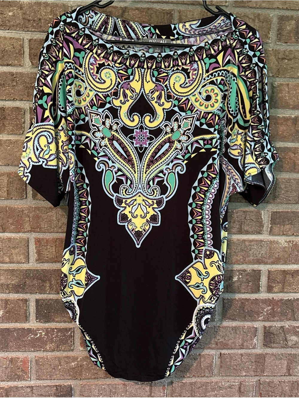 Roz & Ali Black Paisley-Print Short Sleeve Blouse